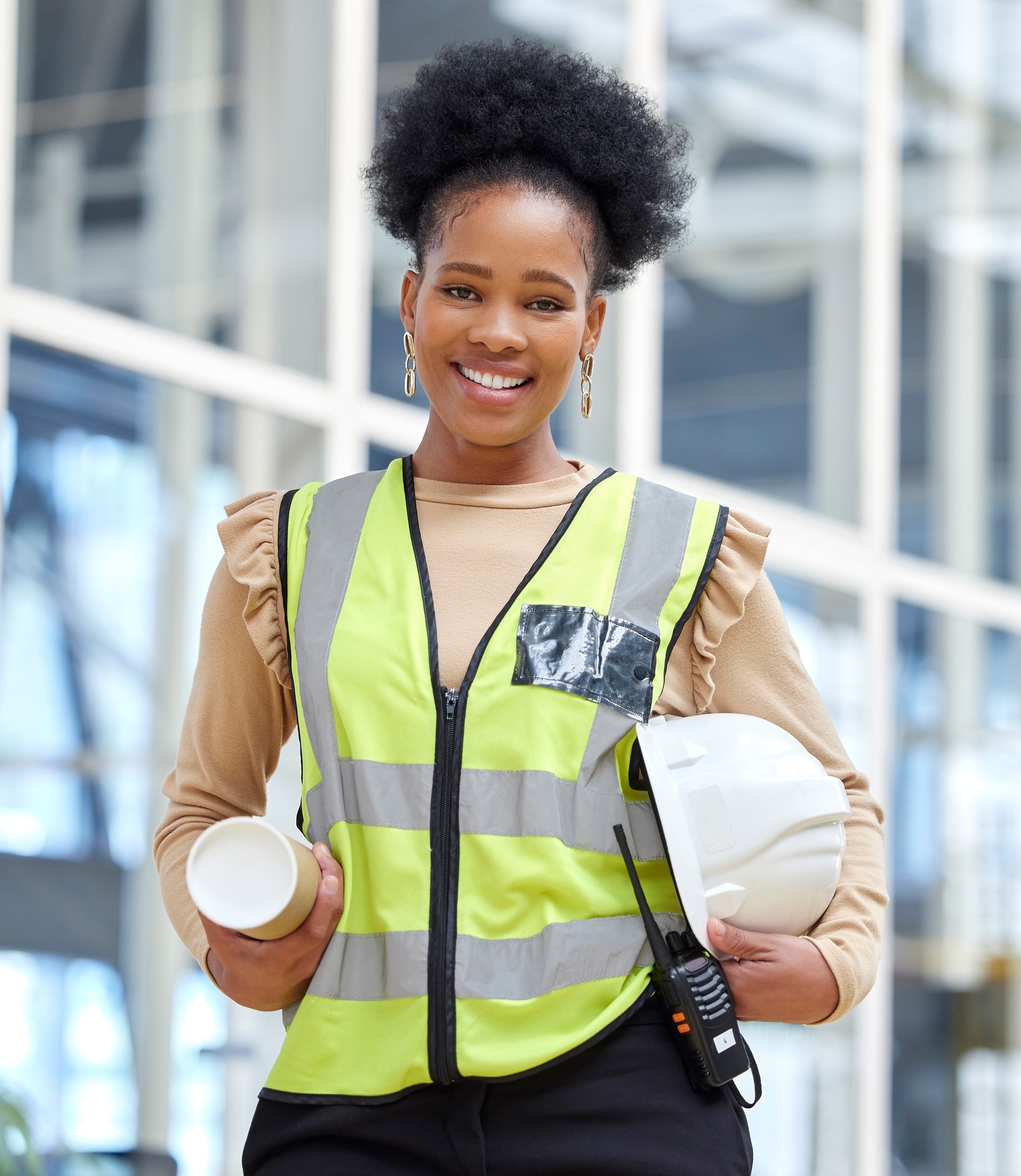 Black woman, blueprint or portrait of architect on construction site for project management. Engine
